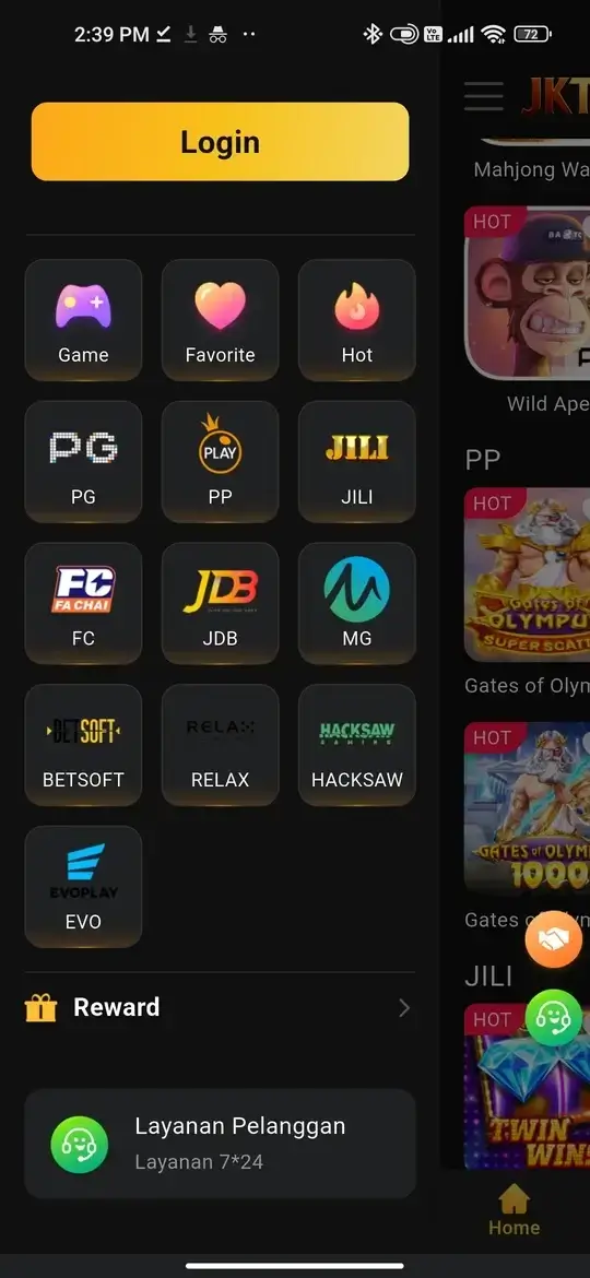 JKTWin menu navigasi dan daftar provider game